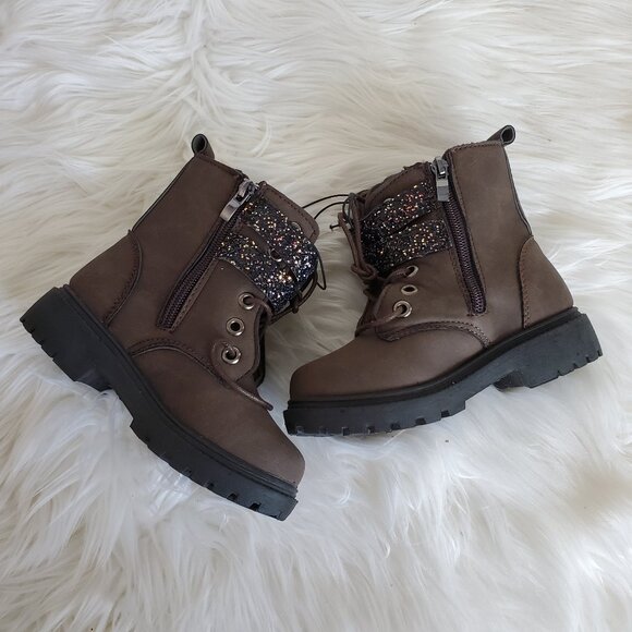 Blue Girls' Brown Glitter Strap Zip Lace Boots SZ 6 - Picture 1 of 9